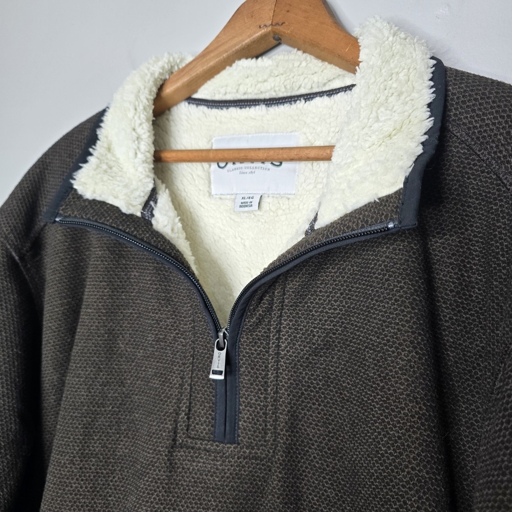 Orvis Quarter Zip Sherpa Lined Pullover Sweater Mens XLarge Brown Pockets Cozy - Picture 3 of 14